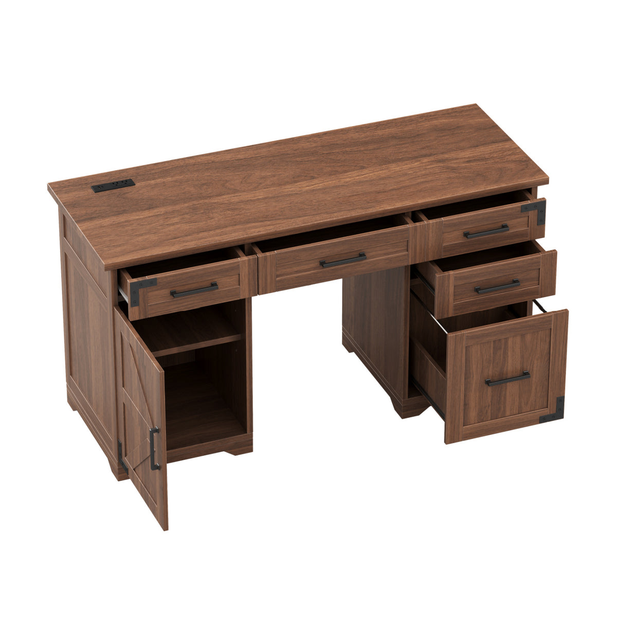 Rustic Walnut Farmhouse Executive Desk with Storage | OROA