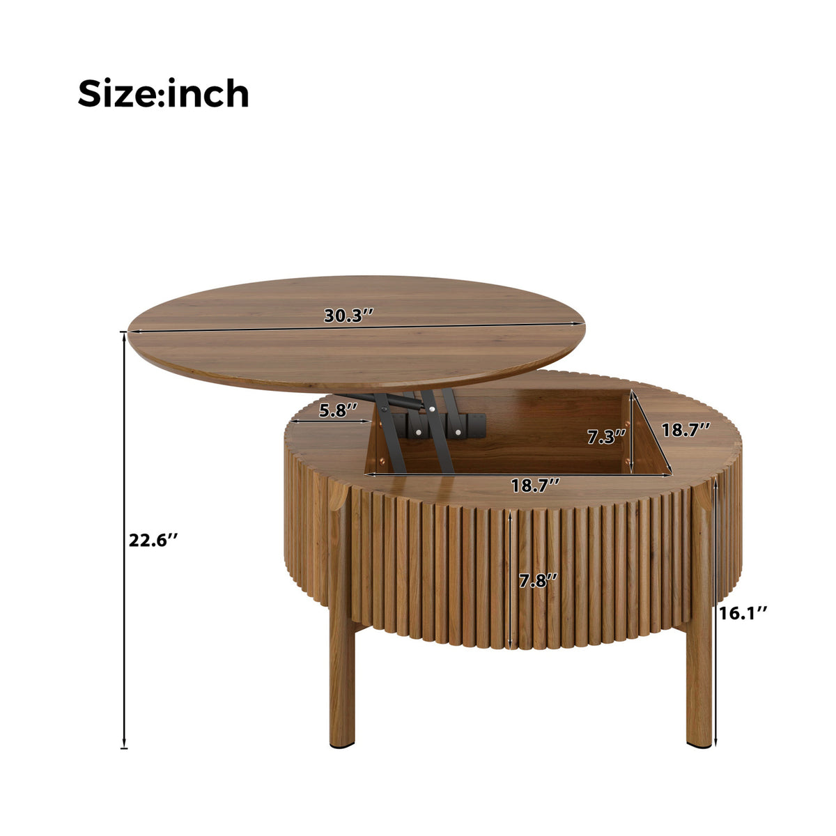 Round Walnut Fluted Lift-Top Coffee Table | OROA
