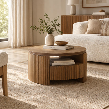Walnut Fluted Round Wood Coffee Table | Maison Naturelle