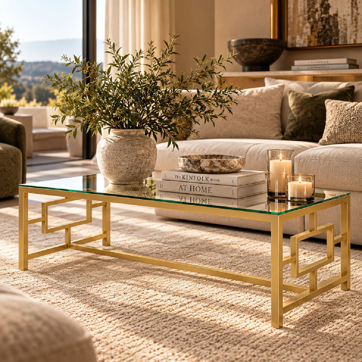 Modern Gold Geometric Tempered Glass Coffee Table | OROA
