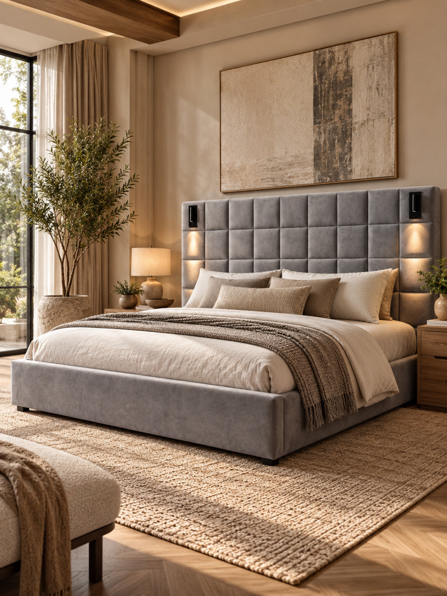 Upholstered King Bed with Wall Sconce and USB Port | OROA