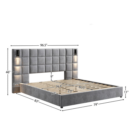 Upholstered King Bed with Wall Sconce and USB Port | OROA