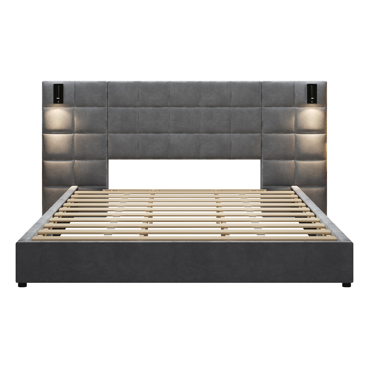 Upholstered King Bed with Wall Sconce and USB Port | OROA