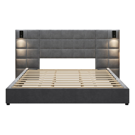 Upholstered King Bed with Wall Sconce and USB Port | OROA