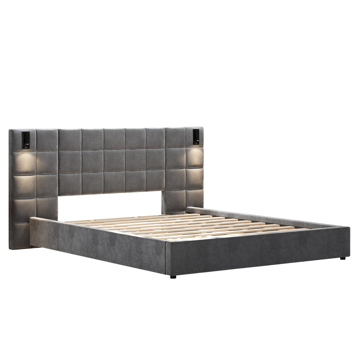 Upholstered King Bed with Wall Sconce and USB Port | OROA