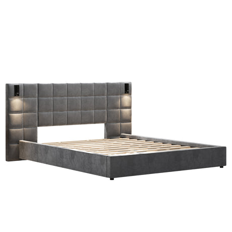 Upholstered King Bed with Wall Sconce and USB Port | OROA