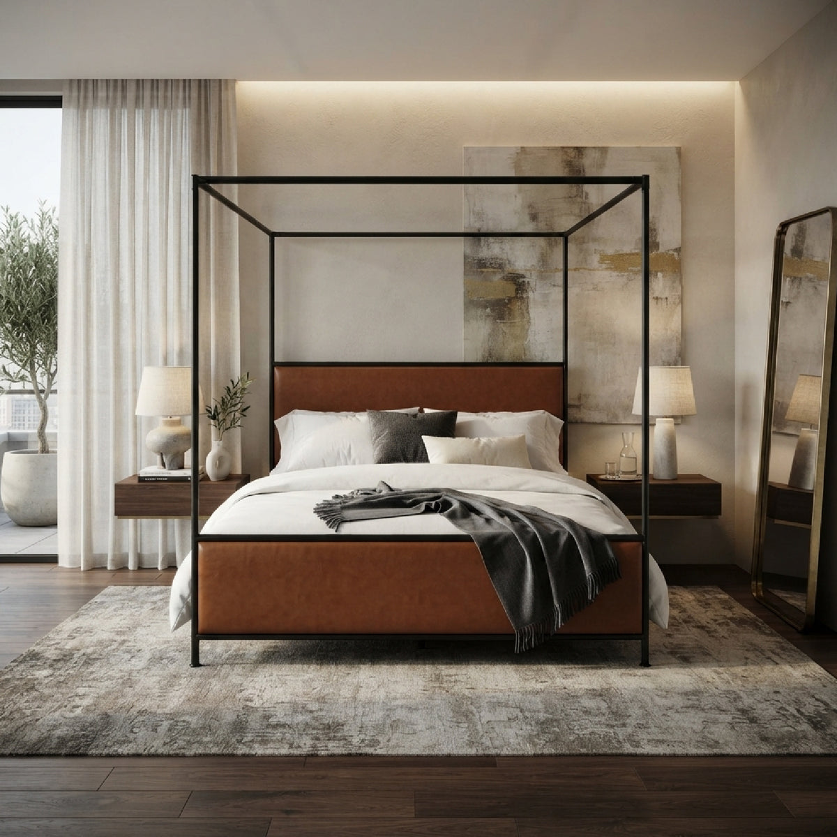 Leather Upholstered Canopy King Bed | OROA