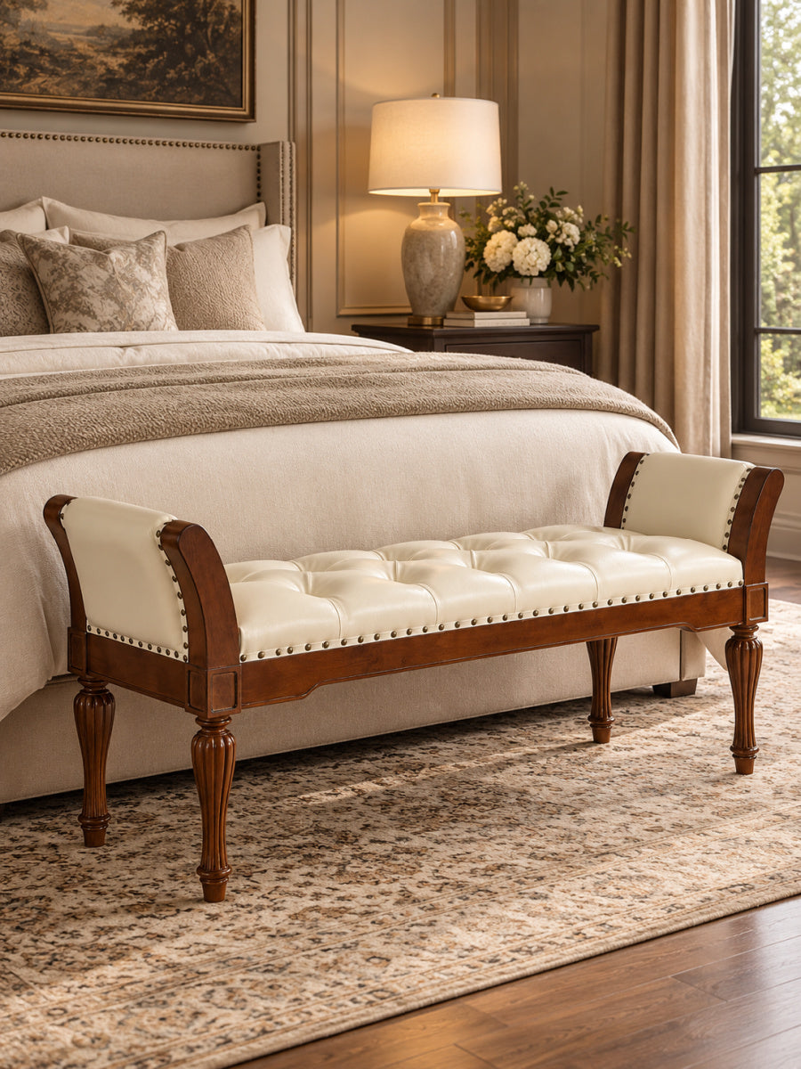 Modern European furniture - Beige Button Tufted Leather Ottoman Bench - www.oroa.com