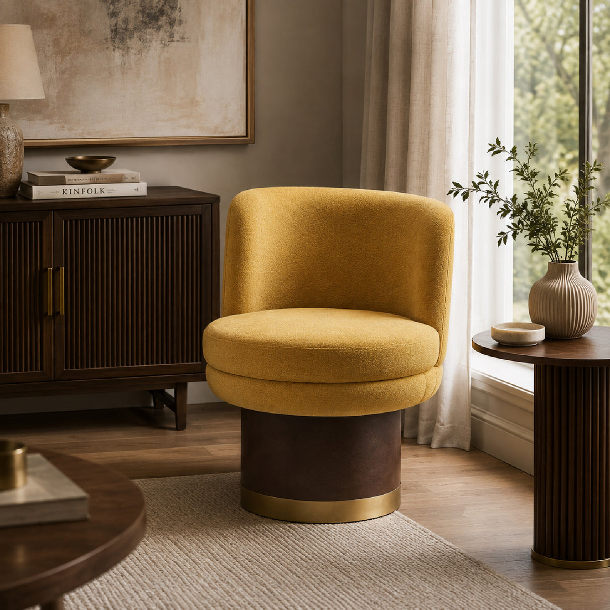 Modern Yellow Chenille Round Swivel Chair | OROA