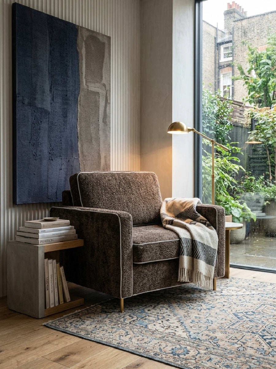 Modern Dark Brown Chenille Accent Chair with Square Arms | OROA