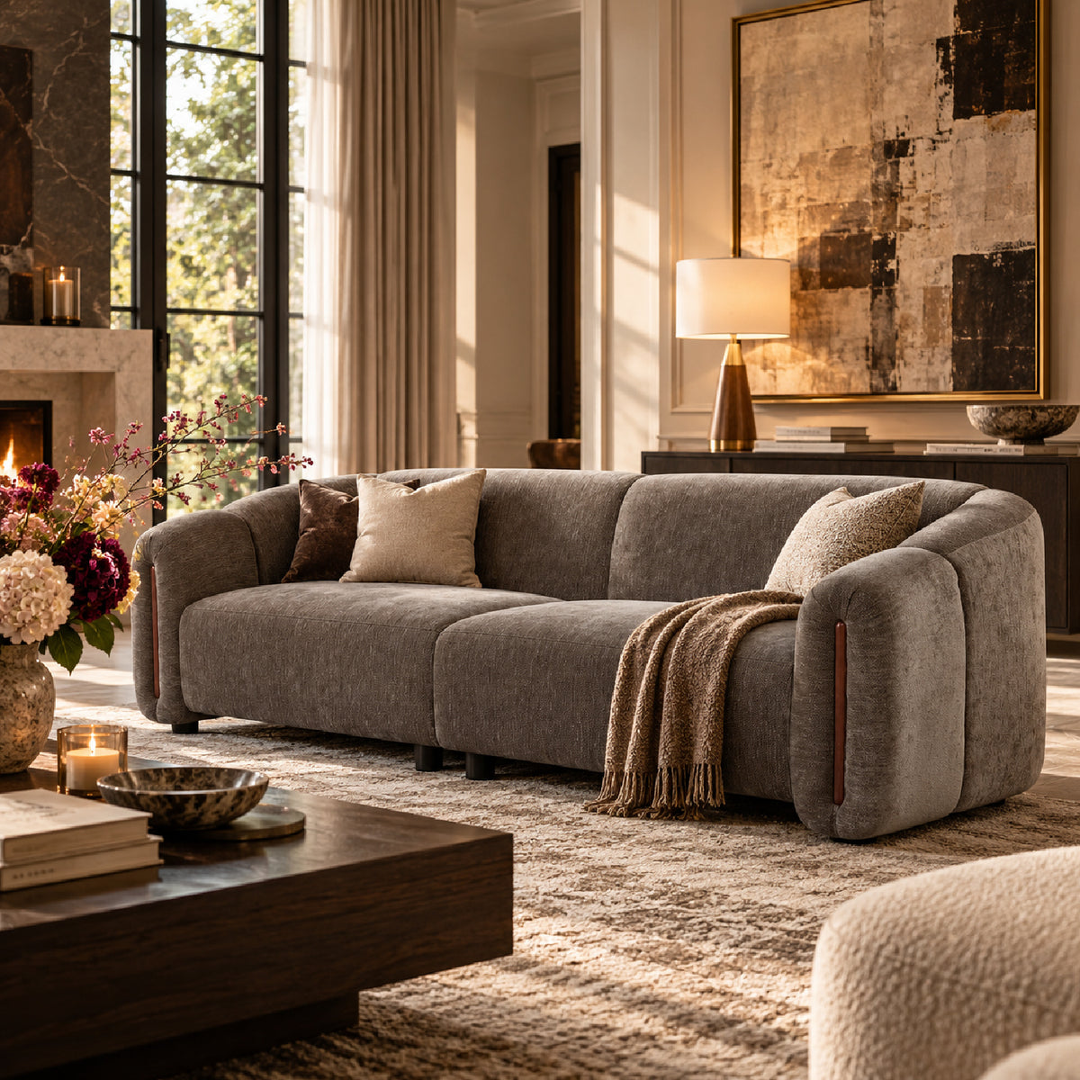 Gray Modern Curved Block Upholstered Sofa | OROA