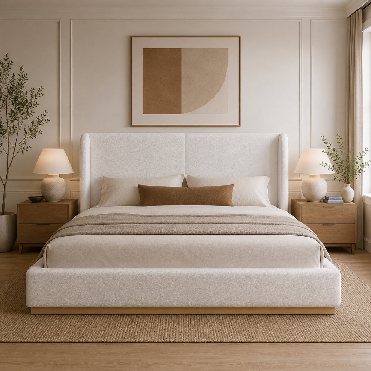 White Bouclé Winged King Bed | OROA