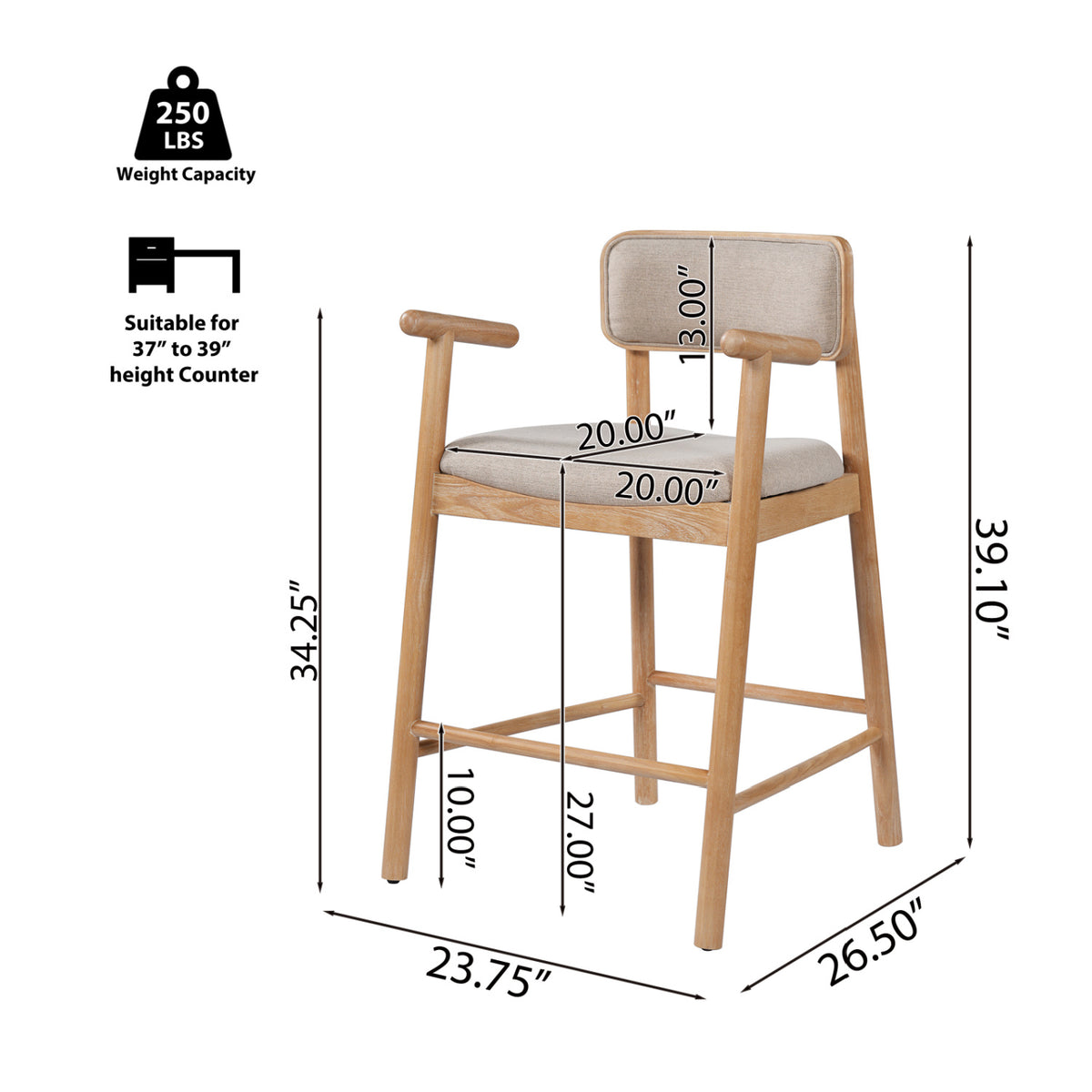 Modern European furniture - Rectangular Padded Back Rubber Wood Counter Stool - www.oroa.com