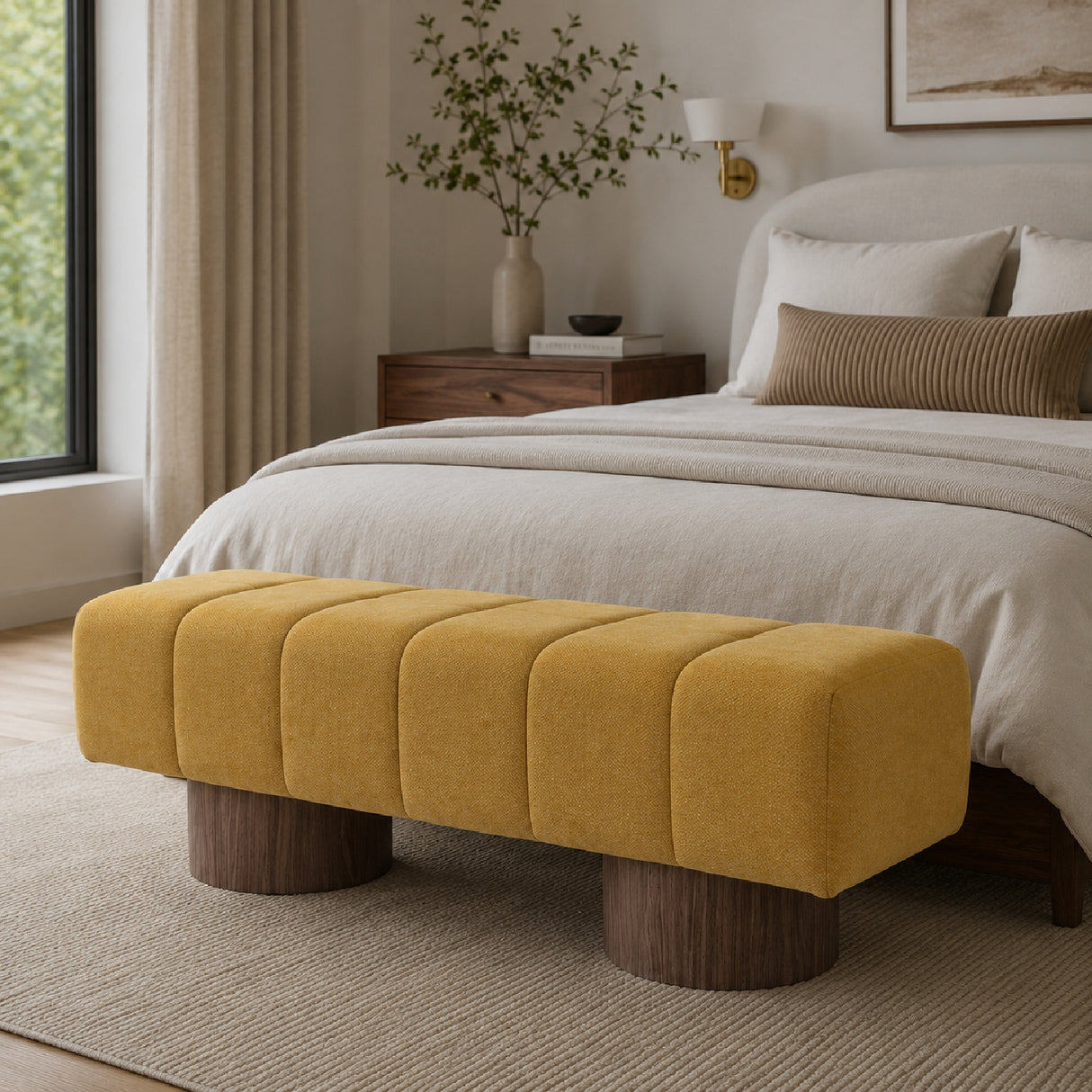 No-Assembly Yellow Chenille Upholstered Bench | OROA