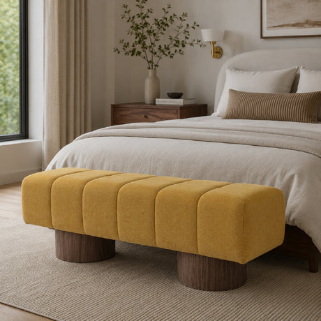 No-Assembly Yellow Chenille Upholstered Bench | OROA