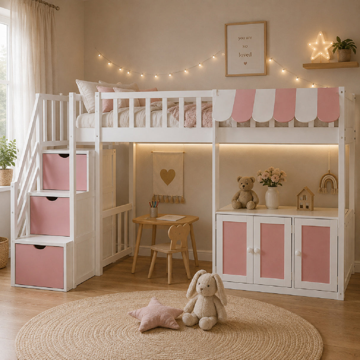 Twin Size Loft Bed with Storage Steps LED Light | OROA Kids