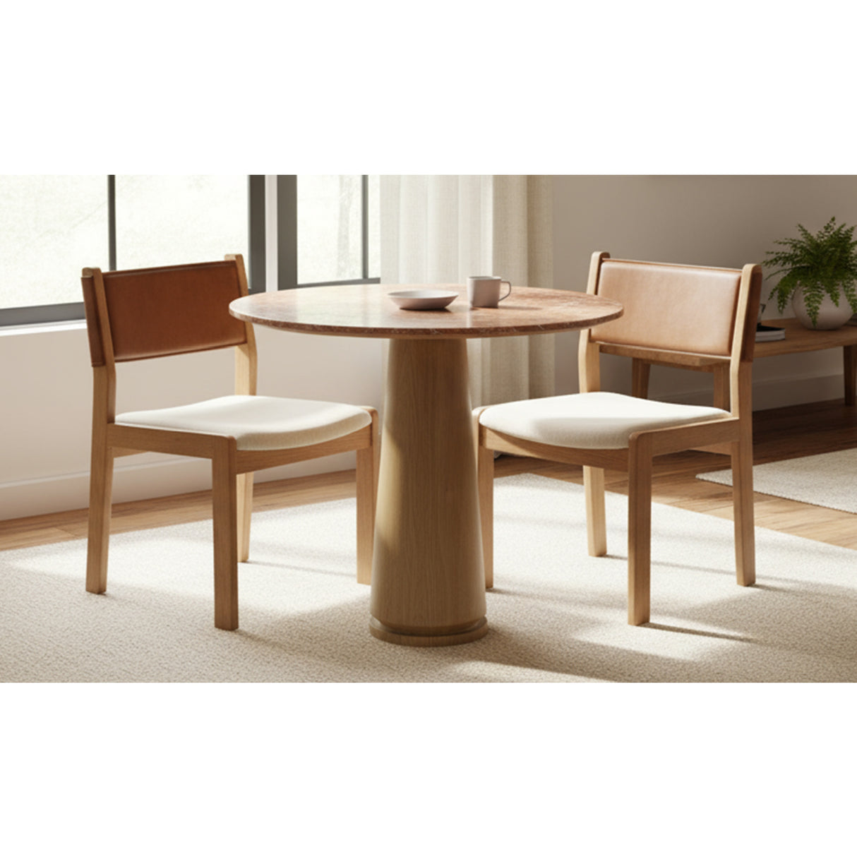 Modern or European furniture - Oak Framed Tan Leather Dining Chairs (2) - www.oroa.com