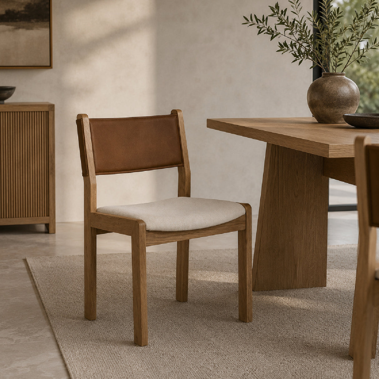 Modern or European furniture - Oak Framed Tan Leather Dining Chairs (2) - www.oroa.com