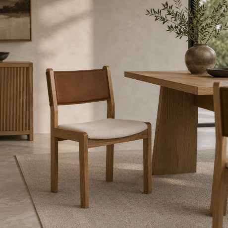 Modern or European furniture - Oak Framed Tan Leather Dining Chairs (2) - www.oroa.com