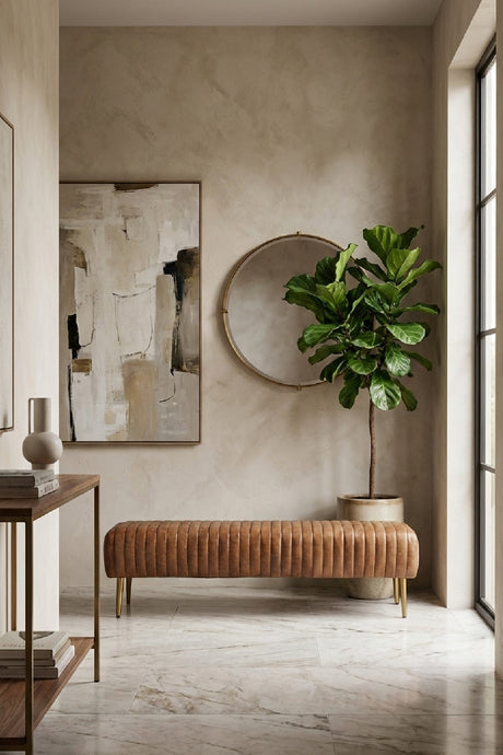 Ribbed Brown Leather Bench | Novi Living Endora | Oroa.com