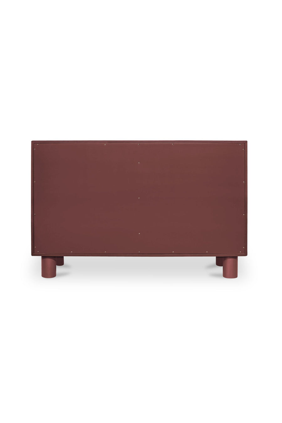 Back view of red dresser with dimensions