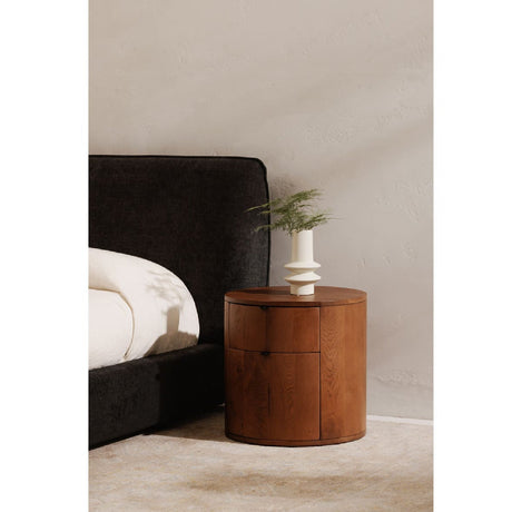 Modern European furniture - Brown Oak Round 2-Drawer Nightstand - www.oroa.com