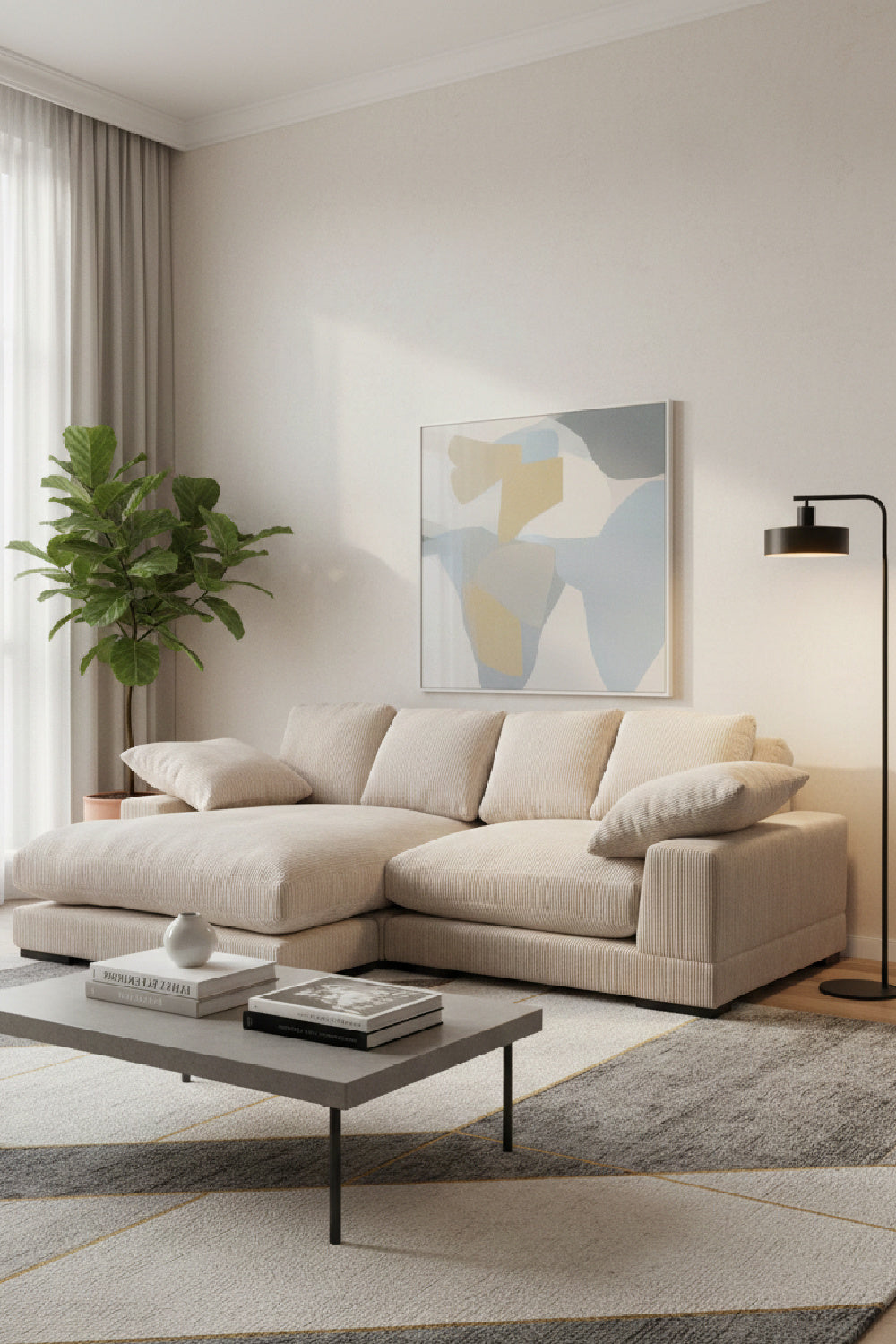 Modern European furniture - White Ribbed Fabric Sectional Sofa - www.oroa.com