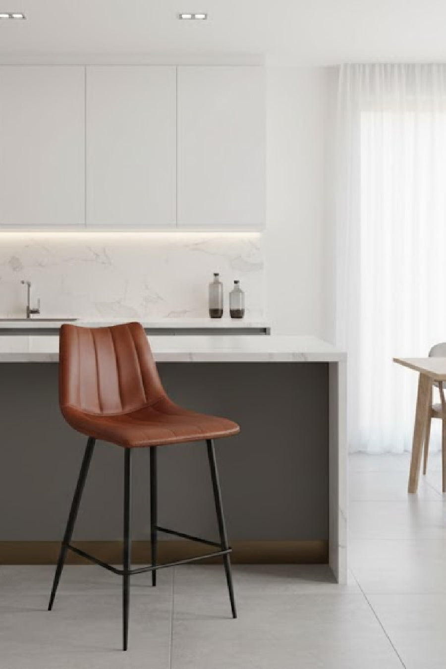 Brown leather stool in modern kitchen