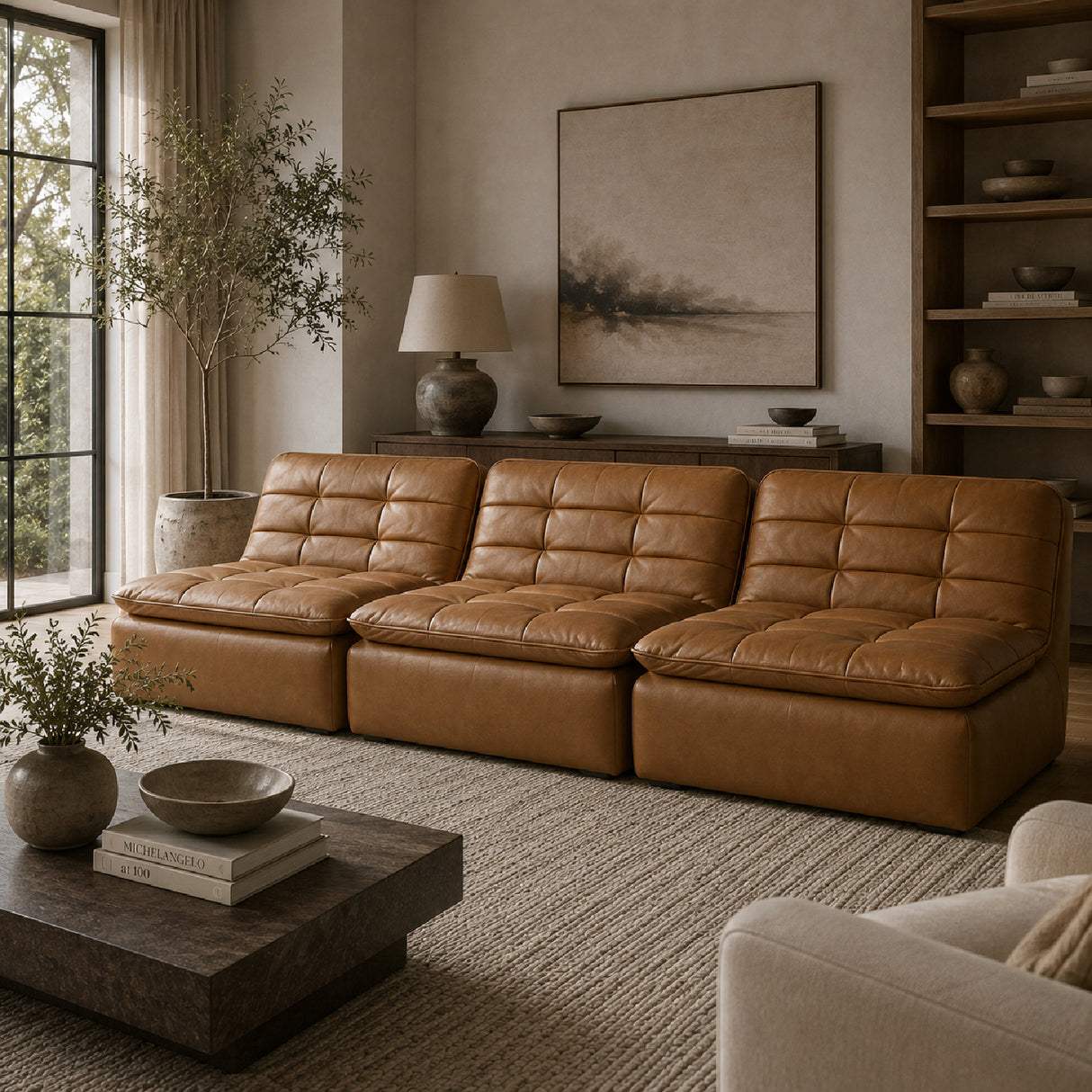 Modern or European furniture - Tan Leather Channeled Modular Sofa - www.oroa.com