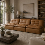 Modern or European furniture - Tan Leather Channeled Modular Sofa - www.oroa.com