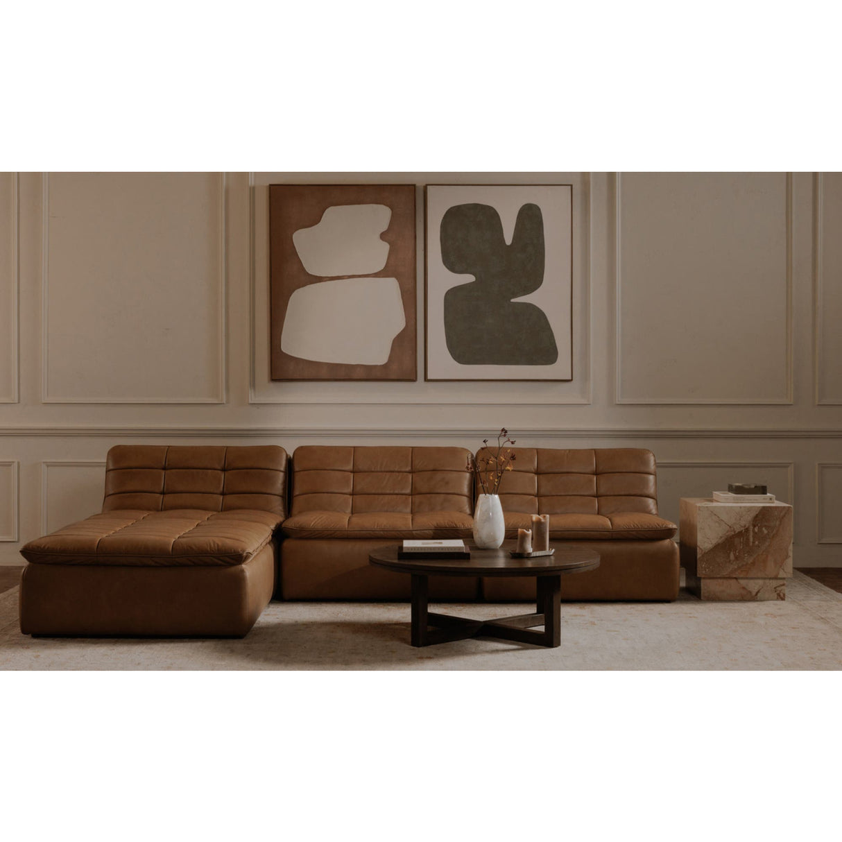 Modern or European furniture - Tan Leather Channeled Modular Sofa - www.oroa.com