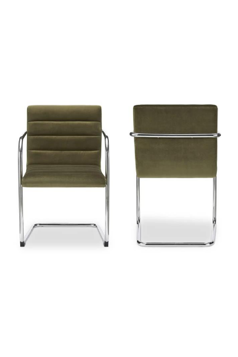 Two chairs front and back view in olive green upholstery