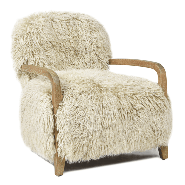 New Zealand Sheepskin Accent Chair with Oak Arms – OROA – front view