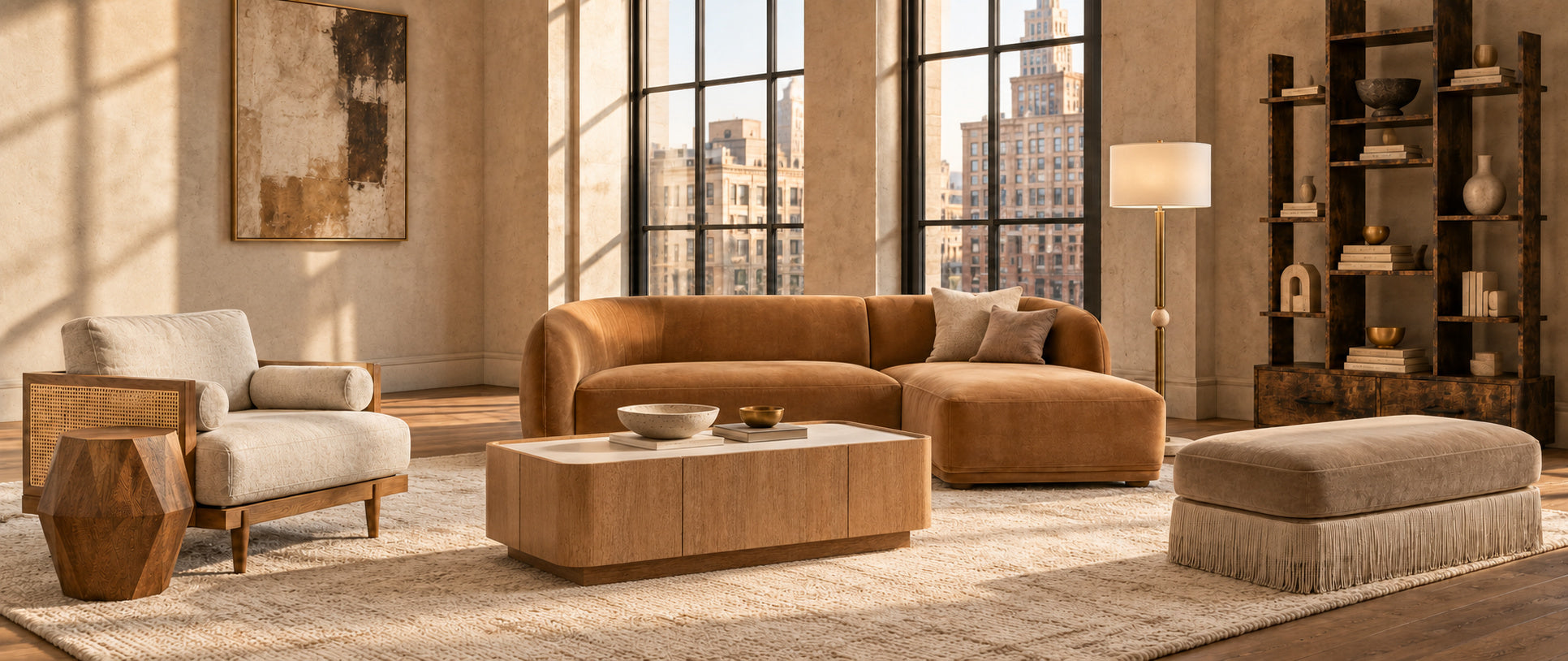 Warm contemporary OROA living room with caramel seating, natural wood and layered fall textures