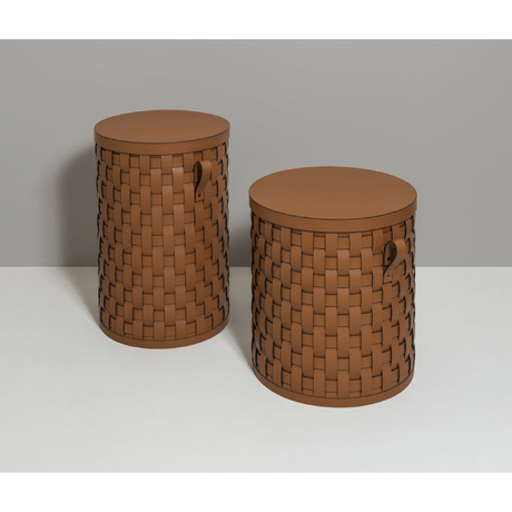   Lidded Woven Leather Short Basket | Oroa.com