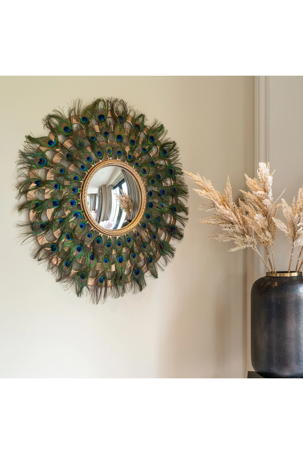 Peacock Feather Wall Art with Silver Mirror