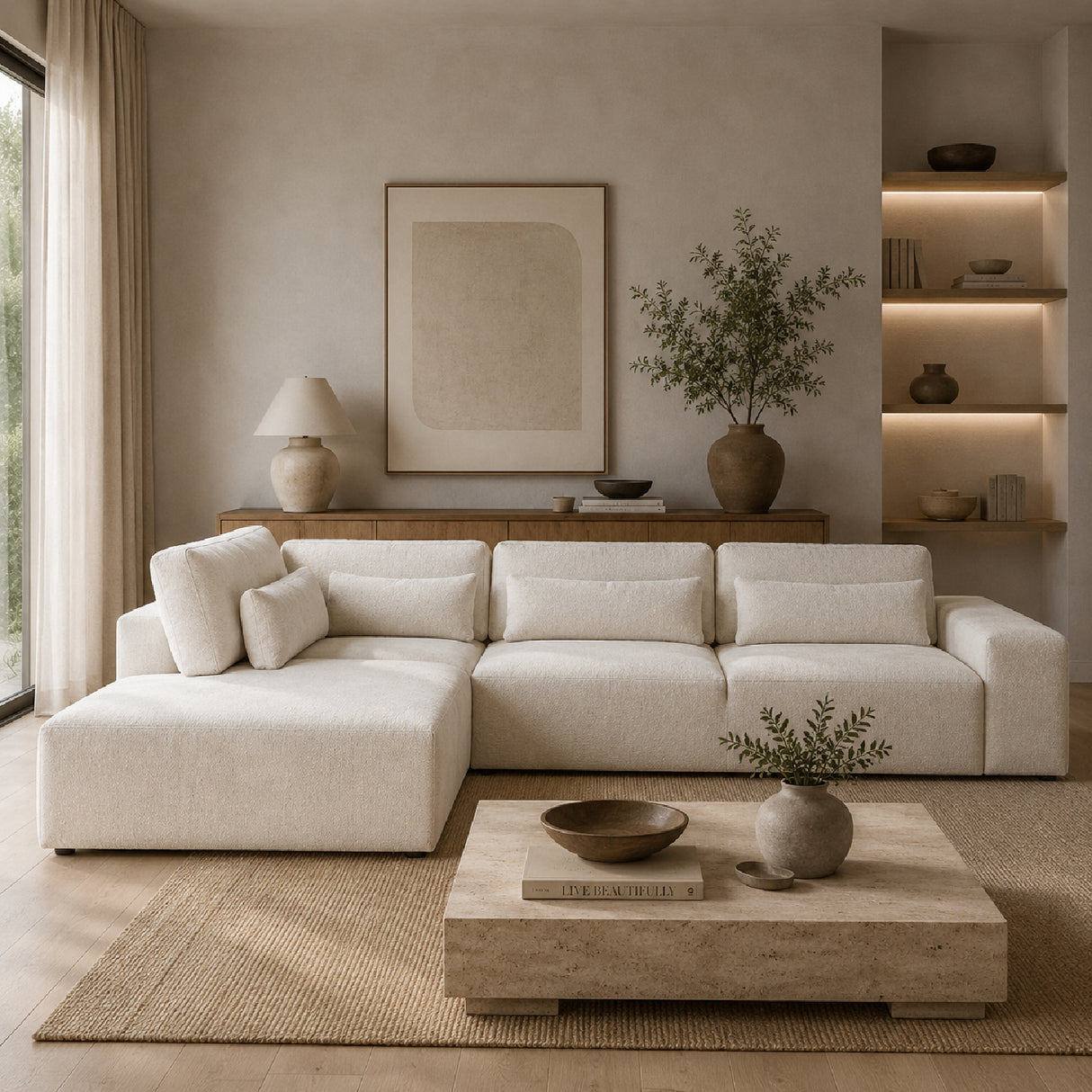  Cream 3-Seater Sofa with Ottoman | Oroa.com