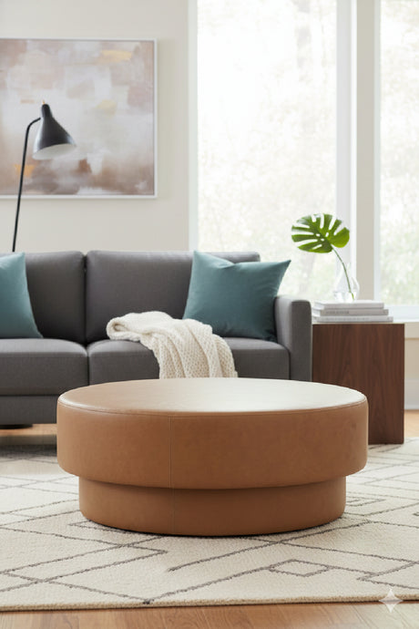Round Leather Inspired Ottoman | Splendido Arlo | Oroa.com