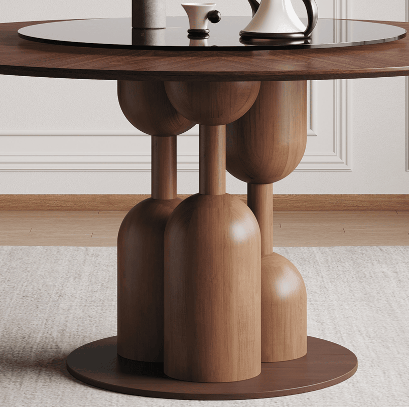 Wabi-Sabi Walnut Round Dining Table with Glass Lazy Susan – OROA – side view