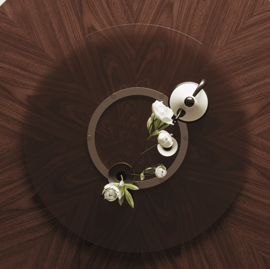 Wabi-Sabi Walnut Round Dining Table with Glass Lazy Susan – OROA – rear view
