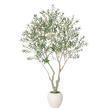 An artificial olive tree with green and silvery-gray leaves and light brown branches, potted in a white ceramic pot against a solid white background.
