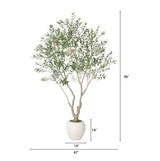 An artificial olive tree in a white ceramic pot, shown with dimension lines and labels indicating a height of 96 inches, width of 47 inches, and pot diameter of 14 inches.