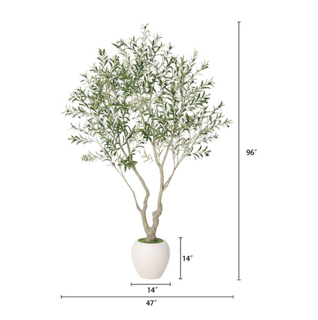 An artificial olive tree in a white ceramic pot, shown with dimension lines and labels indicating a height of 96 inches, width of 47 inches, and pot diameter of 14 inches.