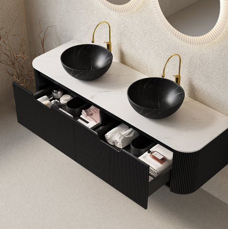 60" Matte Black Floating Bathroom Vanity with Stone Top | OROA
