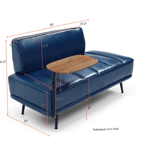 Blue Leather Look Two-Seat Bench with Side Table | Catchy