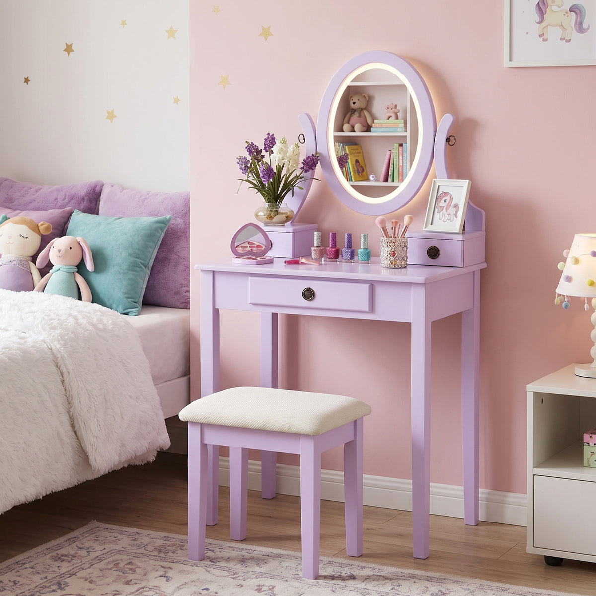 Moniya Purple Makeup Vanity Table and Stool Set | OROA Kids