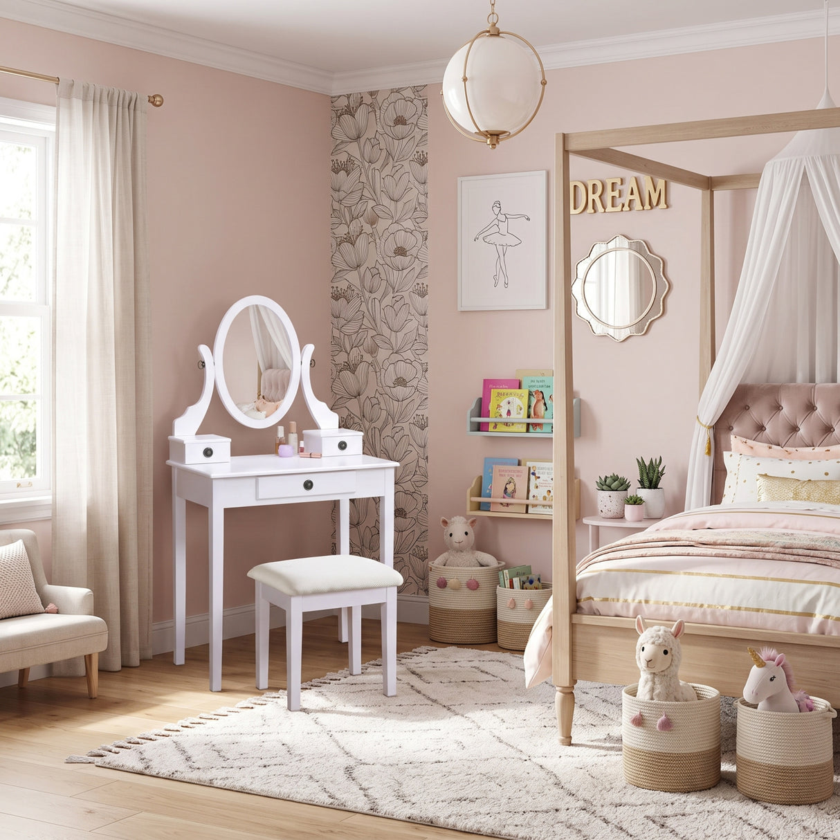 Moniya White Makeup Vanity Table and Stool Set | OROA Kids