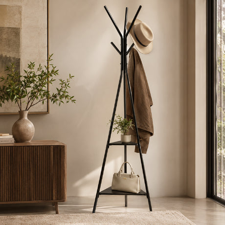 71" Black Metal Coat Rack with Shelves | OROA