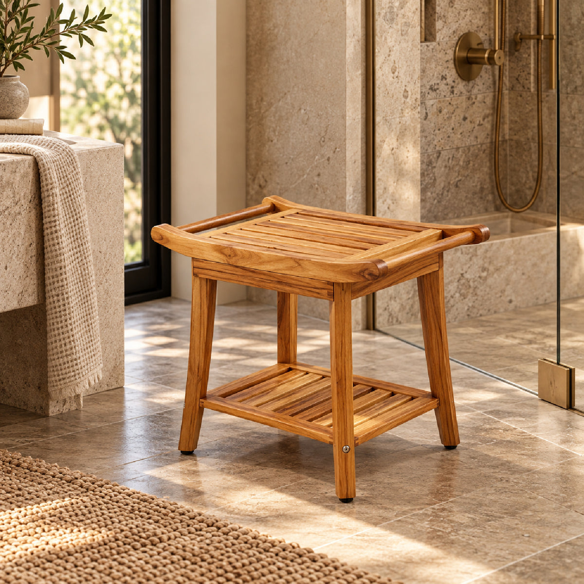 Wood Shower Stool with Shelf by OROA
