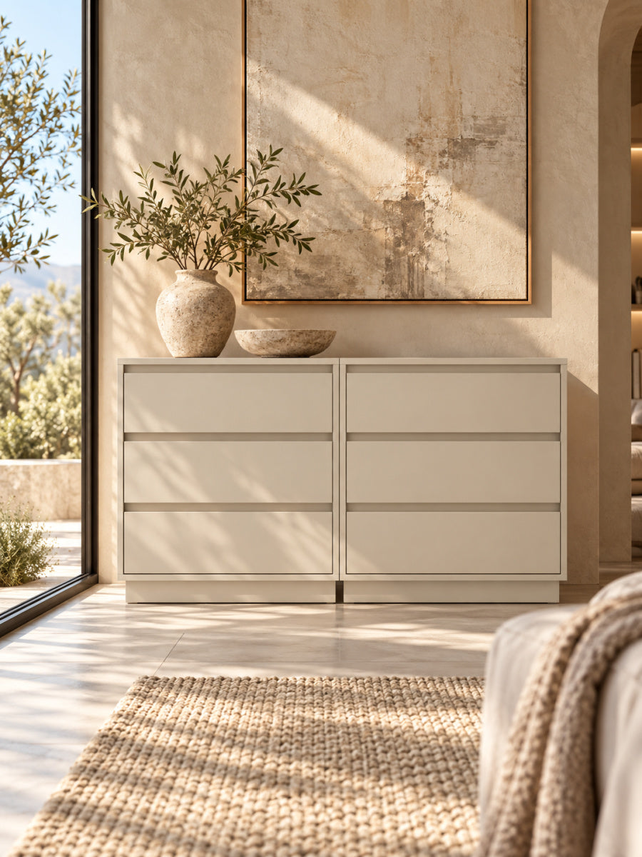 Wooden Beige 3 Drawer Dresser Set of 2 | OROA